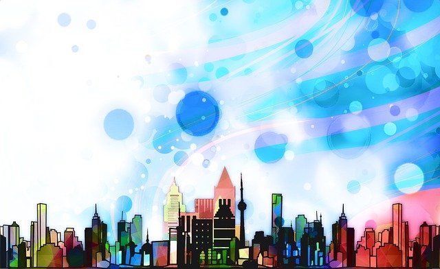 Sample photo: a watercolor city skyline under colorful bubbles